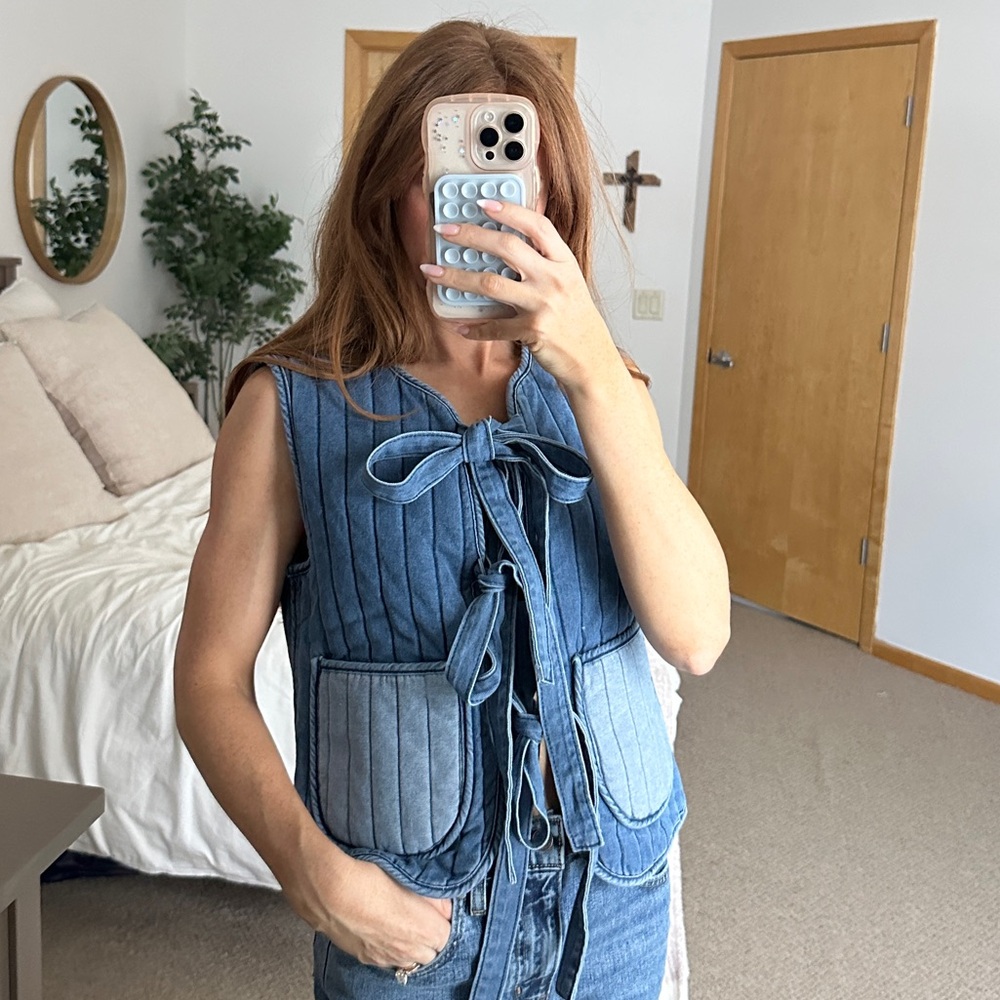 Nasty Gal Blue Denim Vest with Bow Detail